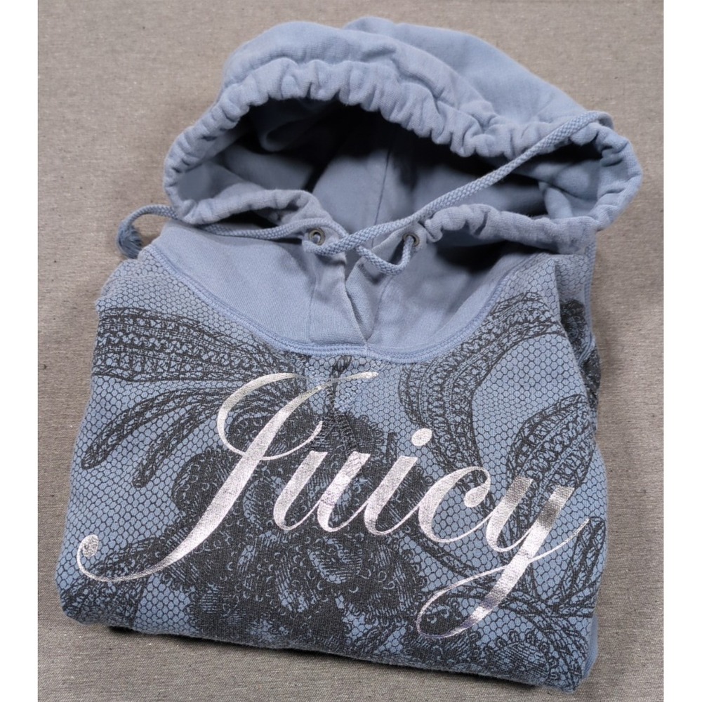 Vintage Juicy Couture Hoodie Slate Blue‎ Floral 3/4 Sleeve Womens Sz S USA Y2K